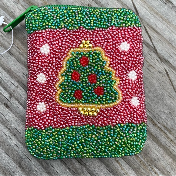 VTG Buxton Beaded Christmas New Years Coin Change Purse Wallet Santa Tree New - Picture 2 of 4